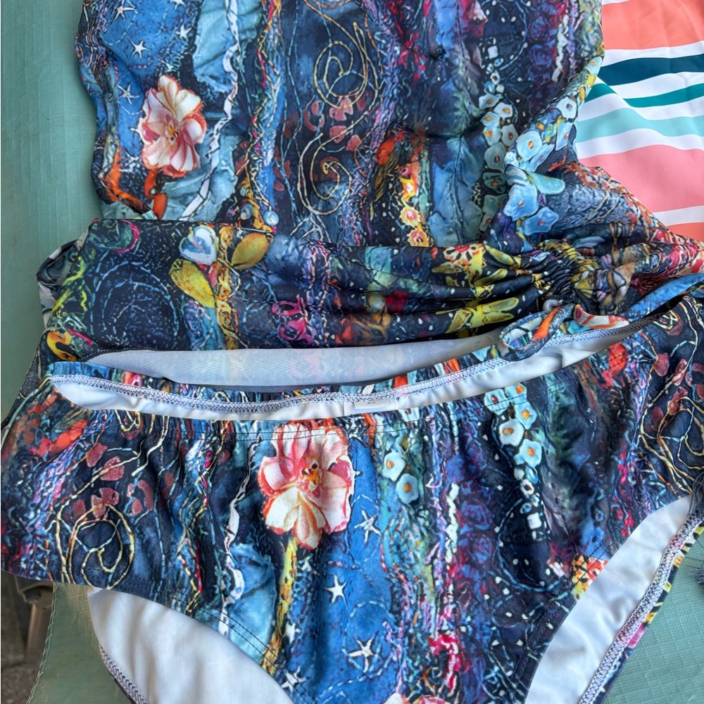 Blue and Orange One Piece Swimsuit with Artistic Design